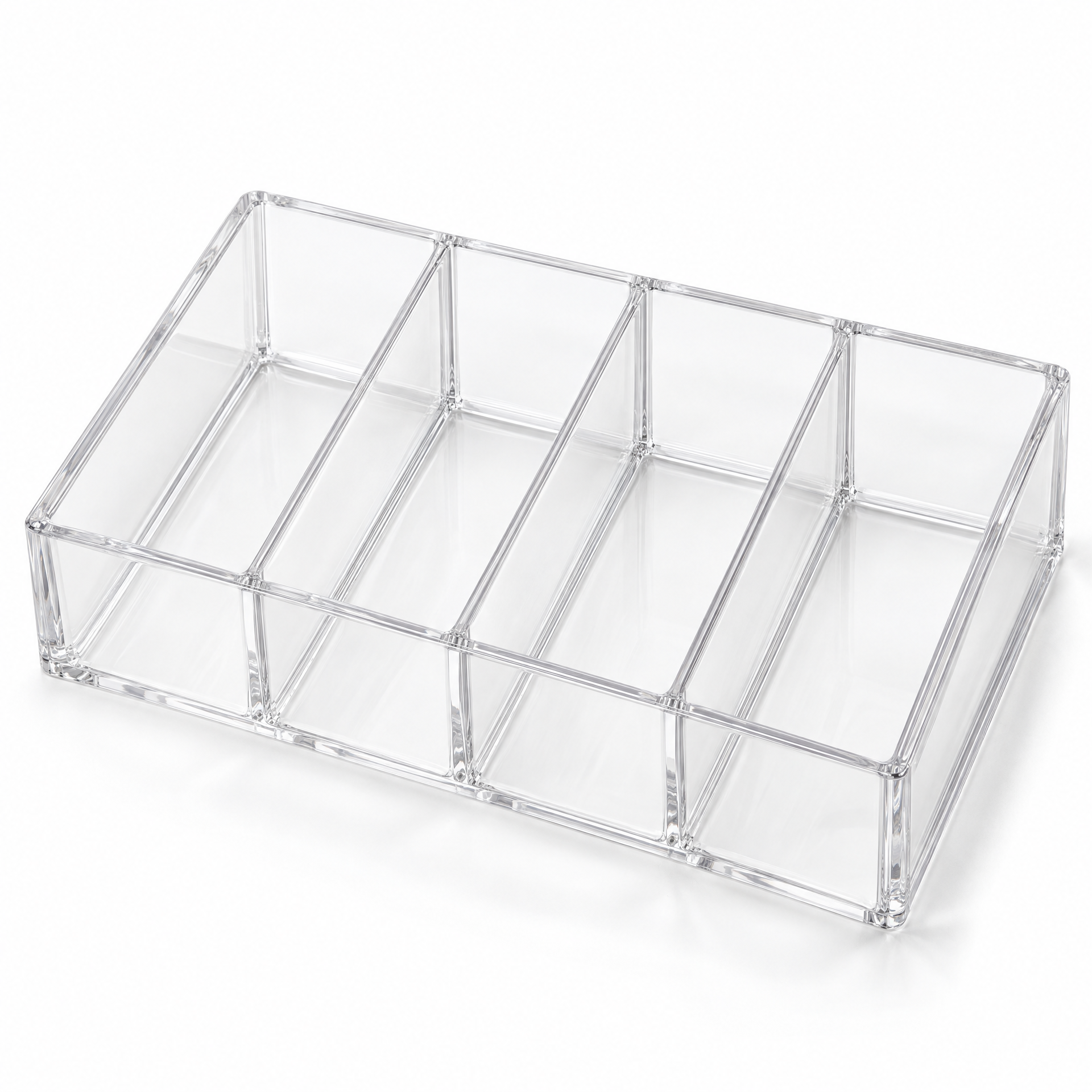 Generated concept image of an empty clear four-section vanity drawer organizer
